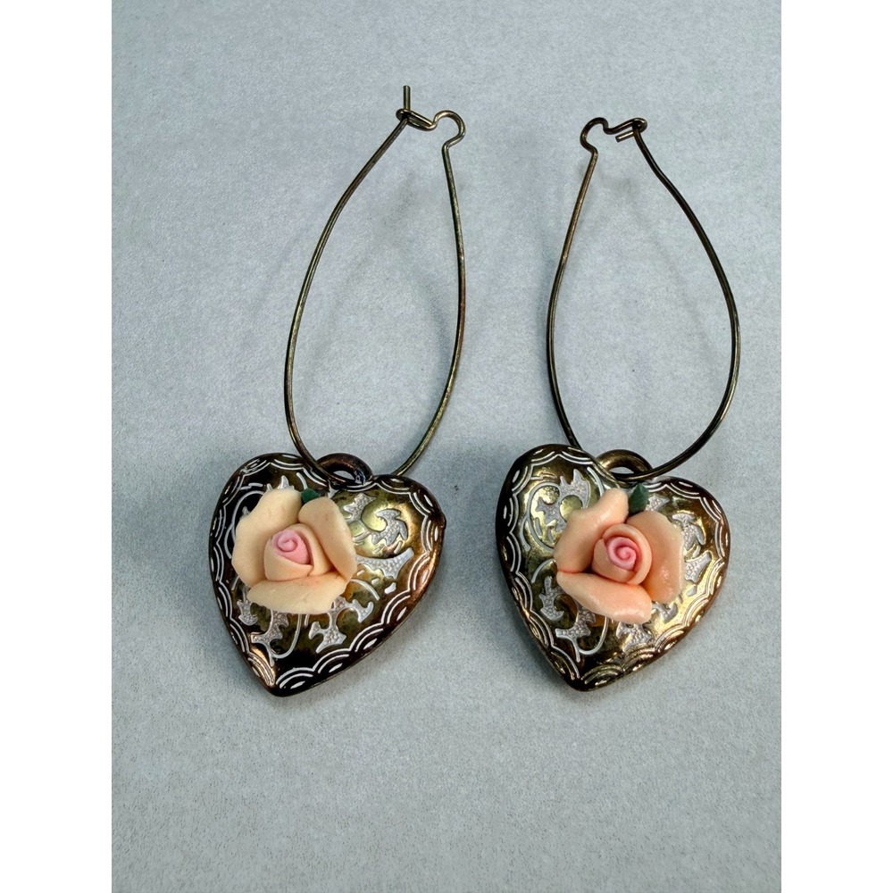 Vintage Heart Rose Floral Porcelain Dangle Hoop Earrings Victorian Revival Gold